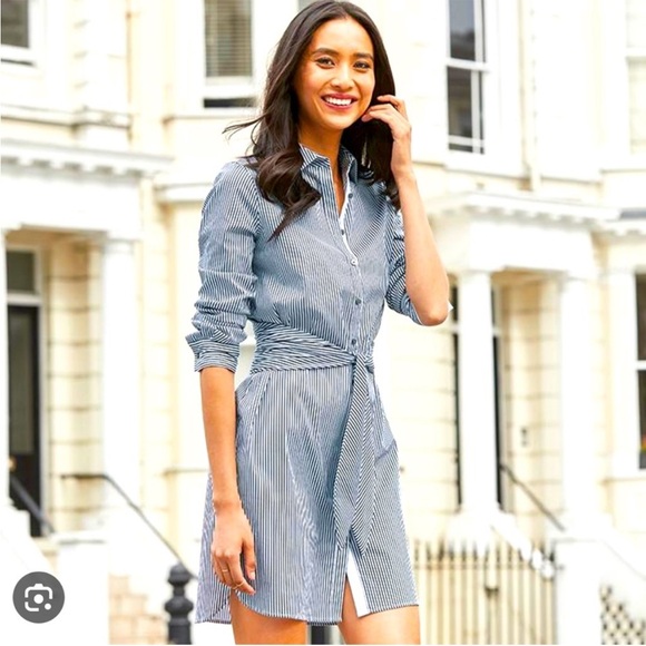 Crisp blue and white pinstriped Untucked button up dress w/ sash tie - Picture 2 of 5